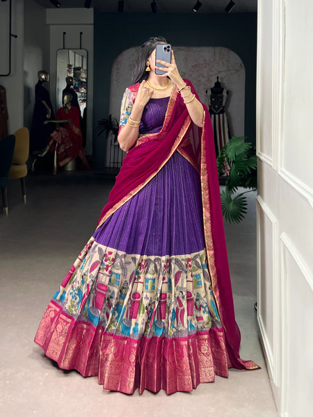 Women's Tusser Silk Floral Print Lehenga Choli with Foil Work & Georgette Dupatta