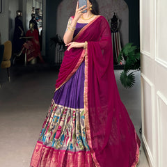 Women's Tusser Silk Floral Print Lehenga Choli with Foil Work & Georgette Dupatta