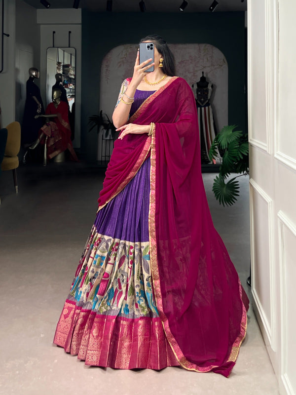 Women's Tusser Silk Floral Print Lehenga Choli with Foil Work & Georgette Dupatta