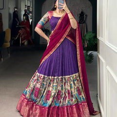 Women's Tusser Silk Floral Print Lehenga Choli with Foil Work & Georgette Dupatta