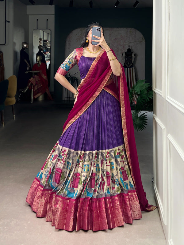 Women's Tusser Silk Floral Print Lehenga Choli with Foil Work & Georgette Dupatta