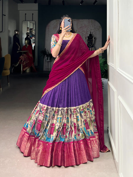 Women's Tusser Silk Floral Print Lehenga Choli with Foil Work & Georgette Dupatta