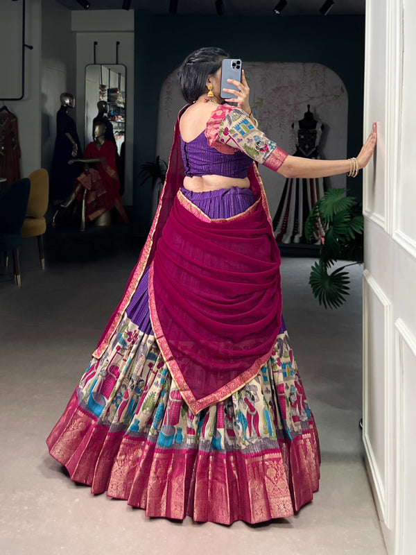 Women's Tusser Silk Floral Print Lehenga Choli with Foil Work & Georgette Dupatta