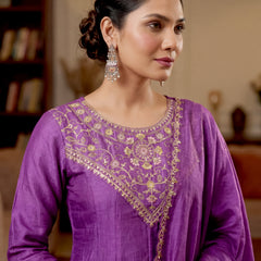 Women's Vichitra Silk Embroidered Anarkali Kurta Pant & Dupatta Set