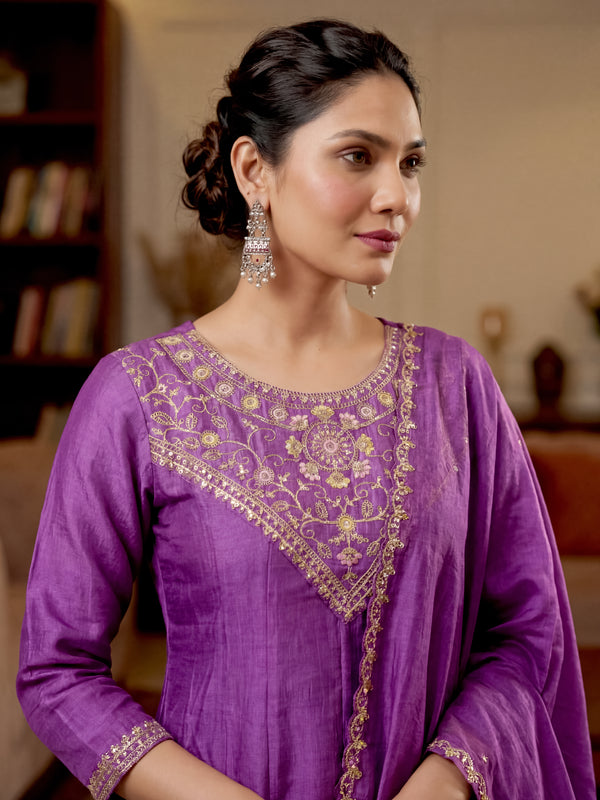 Women's Vichitra Silk Embroidered Anarkali Kurta Pant & Dupatta Set