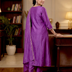 Women's Vichitra Silk Embroidered Anarkali Kurta Pant & Dupatta Set