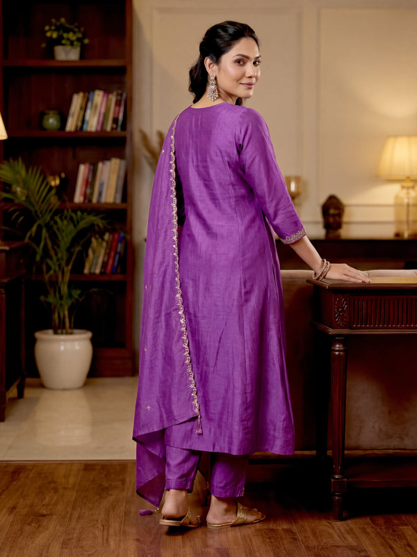 Women's Vichitra Silk Embroidered Anarkali Kurta Pant & Dupatta Set