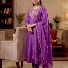 Women's Vichitra Silk Embroidered Anarkali Kurta Pant & Dupatta Set