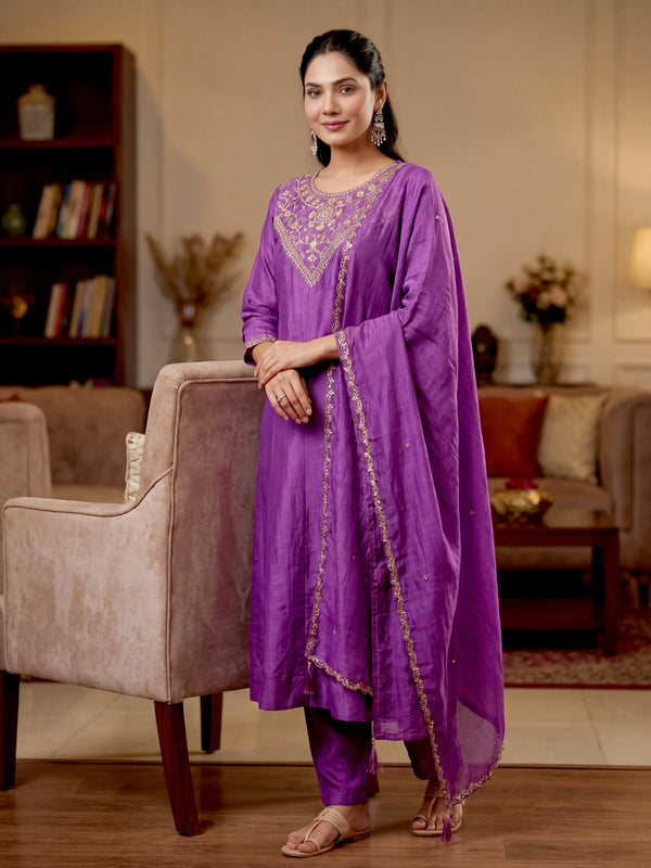 Women's Vichitra Silk Embroidered Anarkali Kurta Pant & Dupatta Set