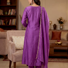 Women's Vichitra Silk Embroidered Anarkali Kurta Pant & Dupatta Set