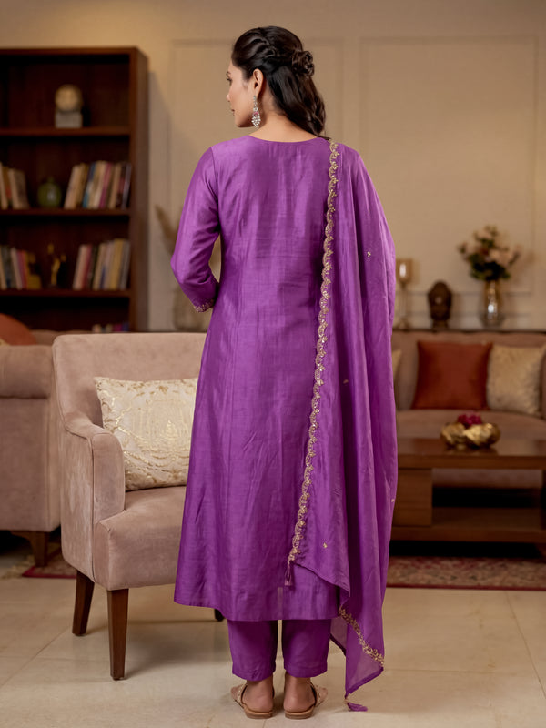Women's Vichitra Silk Embroidered Anarkali Kurta Pant & Dupatta Set