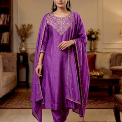 Women's Vichitra Silk Embroidered Anarkali Kurta Pant & Dupatta Set