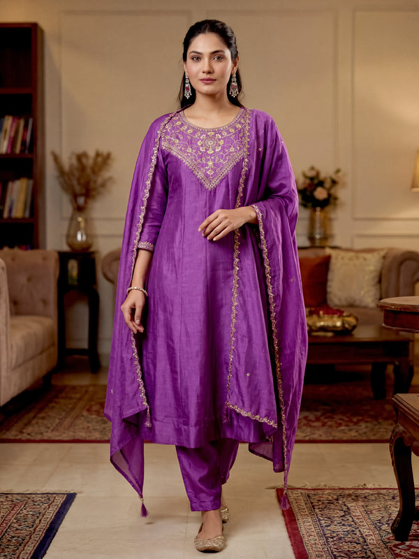 Women's Vichitra Silk Embroidered Anarkali Kurta Pant & Dupatta Set