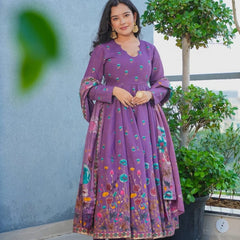 Women's Muslin Printed Kurta with Pant & Chinon Dupatta Set