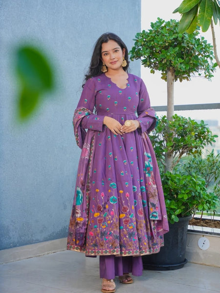 Women's Muslin Printed Kurta with Pant & Chinon Dupatta Set