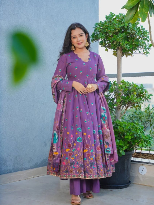 Women's Muslin Printed Kurta with Pant & Chinon Dupatta Set
