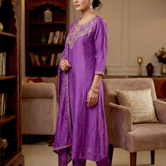 Women's Vichitra Silk Embroidered Anarkali Kurta Pant & Dupatta Set