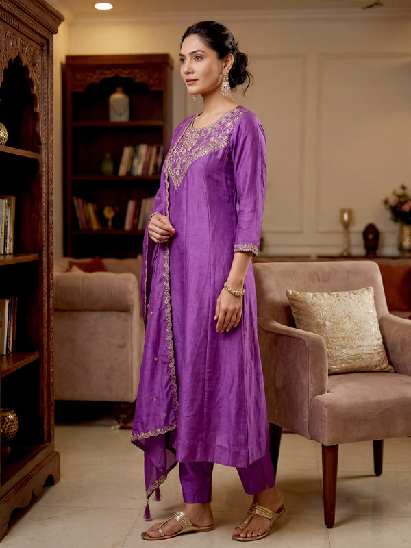 Women's Vichitra Silk Embroidered Anarkali Kurta Pant & Dupatta Set