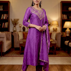 Women's Vichitra Silk Embroidered Anarkali Kurta Pant & Dupatta Set