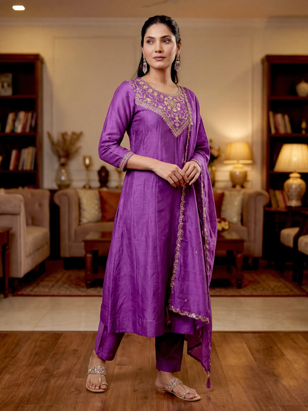Women's Vichitra Silk Embroidered Anarkali Kurta Pant & Dupatta Set