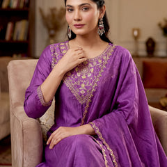 Women's Vichitra Silk Embroidered Anarkali Kurta Pant & Dupatta Set