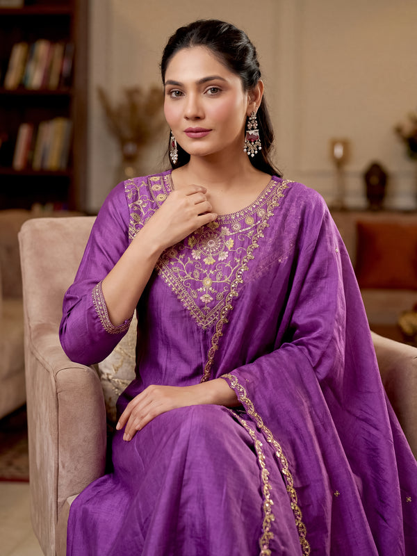 Women's Vichitra Silk Embroidered Anarkali Kurta Pant & Dupatta Set