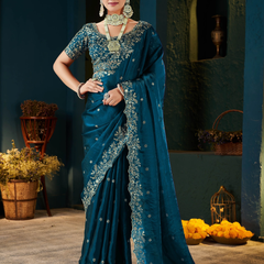 Women's Traditional Party Wear Silk Saree with Embroidered Blouse & Hand Work Lace Border