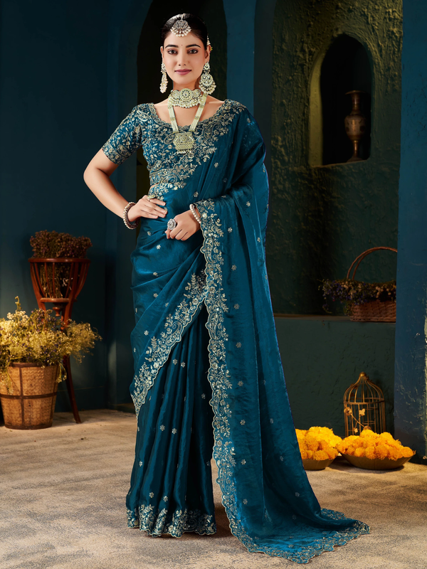 Women's Traditional Party Wear Silk Saree with Embroidered Blouse & Hand Work Lace Border