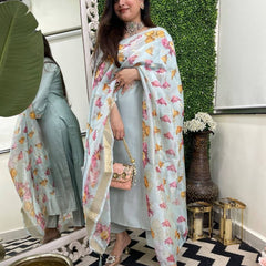 Women's Viscose Chanderi Embroidered Kurta Pant & Jacquard Butti Dupatta Set