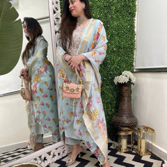 Women's Viscose Chanderi Embroidered Kurta Pant & Jacquard Butti Dupatta Set