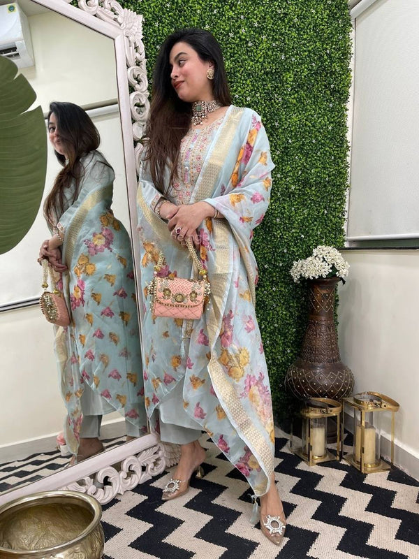 Women's Viscose Chanderi Embroidered Kurta Pant & Jacquard Butti Dupatta Set
