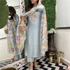 Women's Viscose Chanderi Embroidered Kurta Pant & Jacquard Butti Dupatta Set