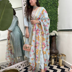 Women's Viscose Chanderi Embroidered Kurta Pant & Jacquard Butti Dupatta Set