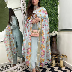 Women's Viscose Chanderi Embroidered Kurta Pant & Jacquard Butti Dupatta Set