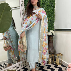 Women's Viscose Chanderi Embroidered Kurta Pant & Jacquard Butti Dupatta Set