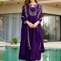 Women's Embroidered Vichitra Straight Kurta With Pant & Dupatta Set