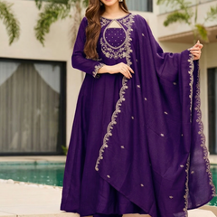 Women's Embroidered Vichitra Straight Kurta With Pant & Dupatta Set