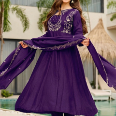 Women's Embroidered Vichitra Straight Kurta With Pant & Dupatta Set
