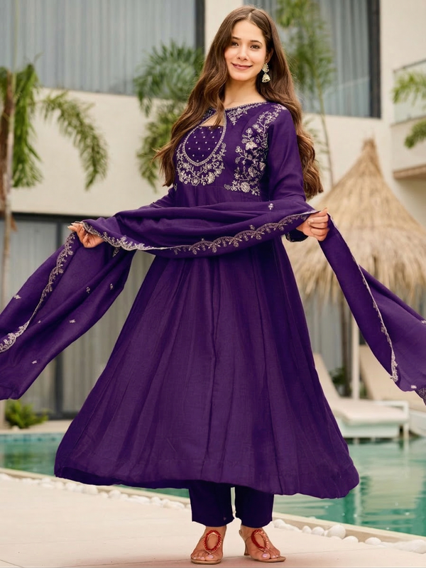 Women's Embroidered Vichitra Straight Kurta With Pant & Dupatta Set