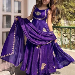 Women's Embroidered Flared Kurta with Palazzo Pant & Dupatta Set