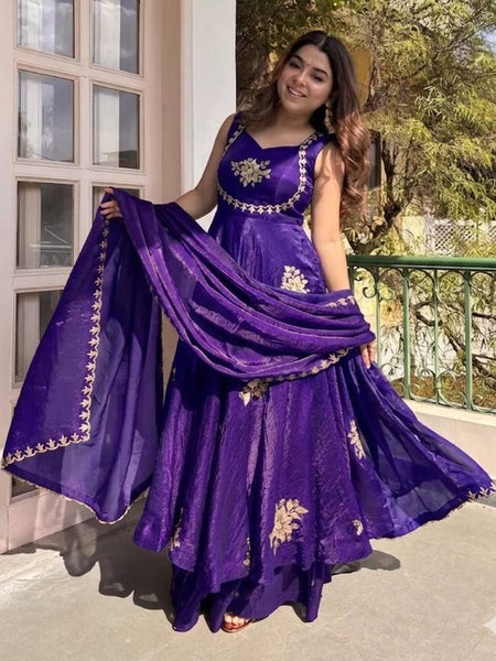 Women's Embroidered Flared Kurta with Palazzo Pant & Dupatta Set