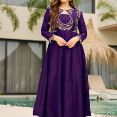 Women's Embroidered Vichitra Straight Kurta With Pant & Dupatta Set