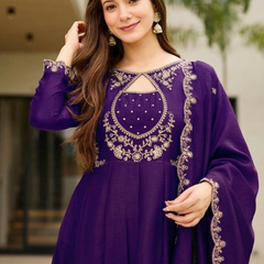Women's Embroidered Vichitra Straight Kurta With Pant & Dupatta Set