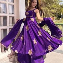 Women's Embroidered Flared Kurta with Palazzo Pant & Dupatta Set