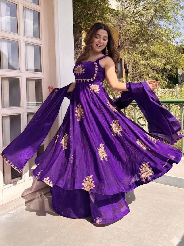Women's Embroidered Flared Kurta with Palazzo Pant & Dupatta Set