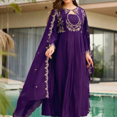 Women's Embroidered Vichitra Straight Kurta With Pant & Dupatta Set