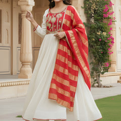 Women's Embroidered Silk Flared Kurta with Pant & Jacquard Jari Dupatta Set