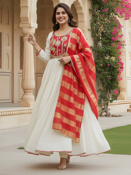 Women's Embroidered Silk Flared Kurta with Pant & Jacquard Jari Dupatta Set