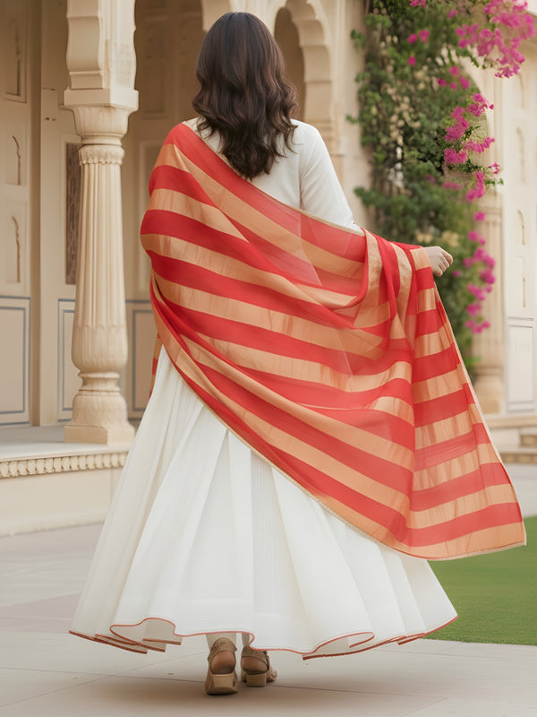Women's Embroidered Silk Flared Kurta with Pant & Jacquard Jari Dupatta Set