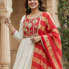 Women's Embroidered Silk Flared Kurta with Pant & Jacquard Jari Dupatta Set